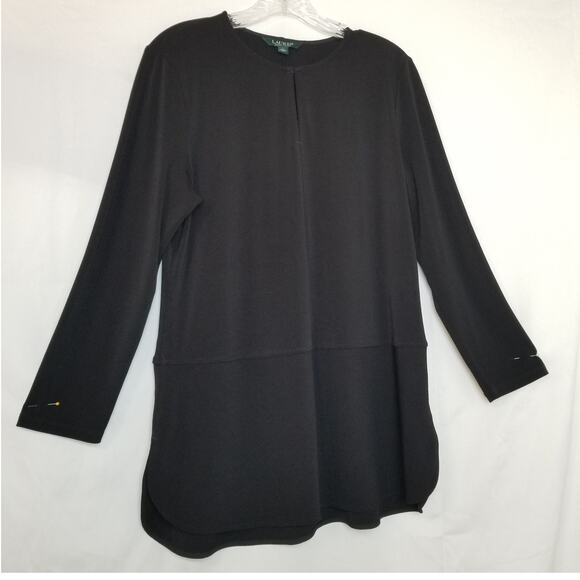 Lauren Ralph Lauren Black Long Sleeve Polyester Top Hi-Low Rnd V-neck Hem Size L - Picture 1 of 9